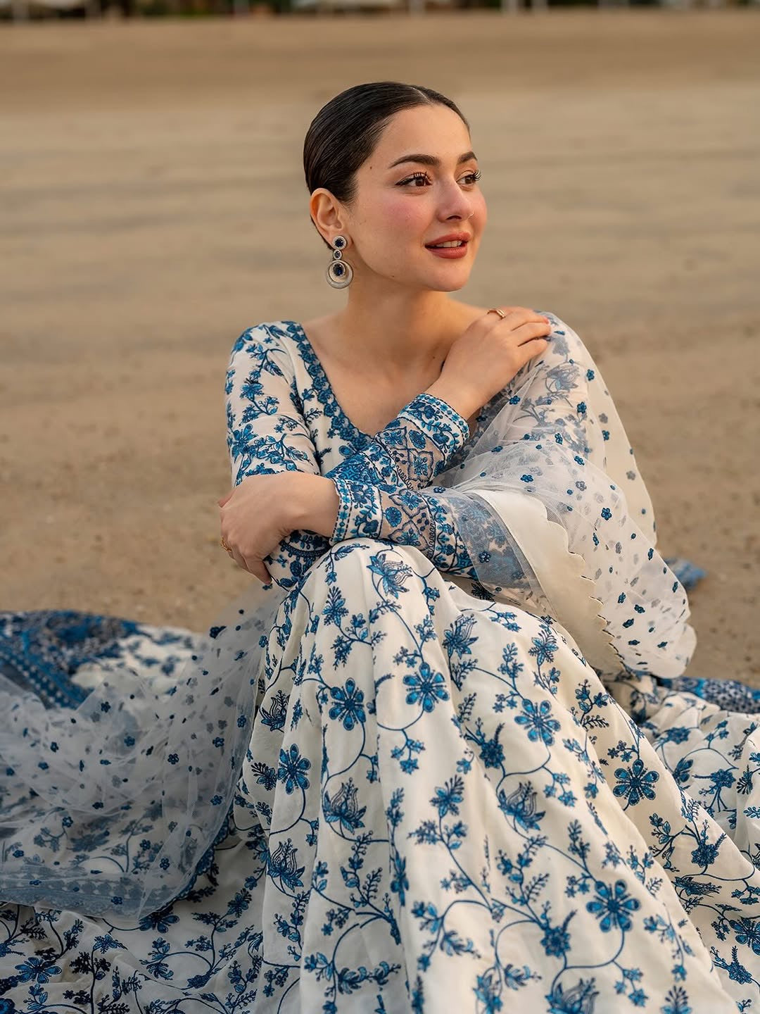 Off-White & Royal Blue Embroidered Georgette Anarkali Gown with Cutwork Dupatta
