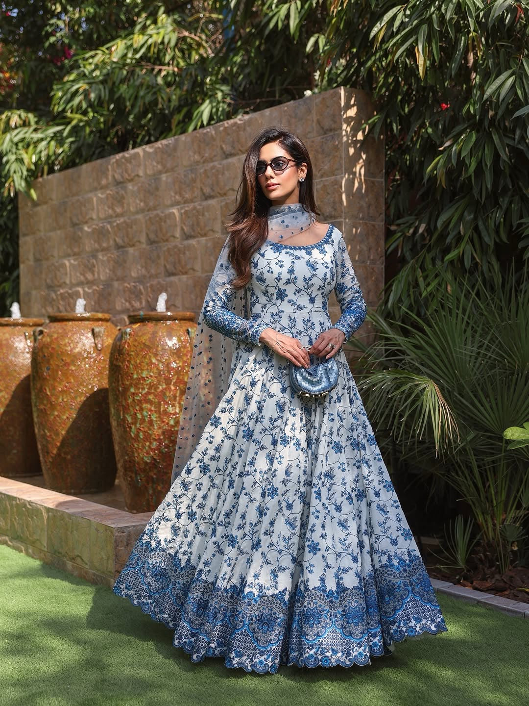 Off-White & Royal Blue Embroidered Georgette Anarkali Gown with Cutwork Dupatta