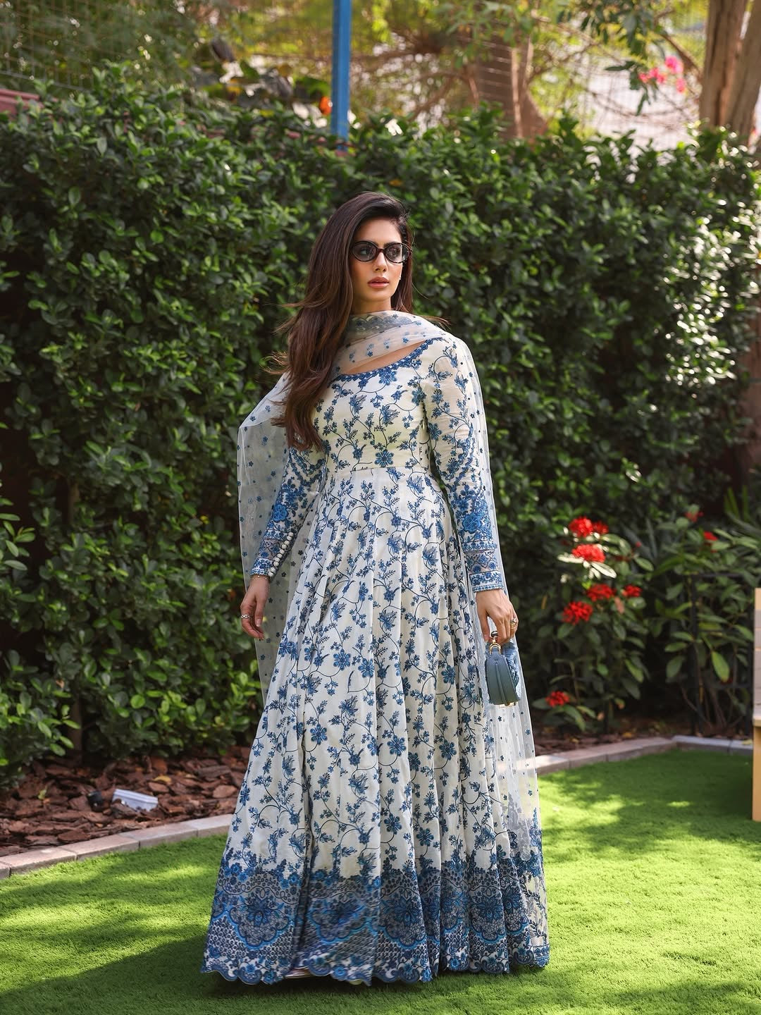 Off-White & Royal Blue Embroidered Georgette Anarkali Gown with Cutwork Dupatta