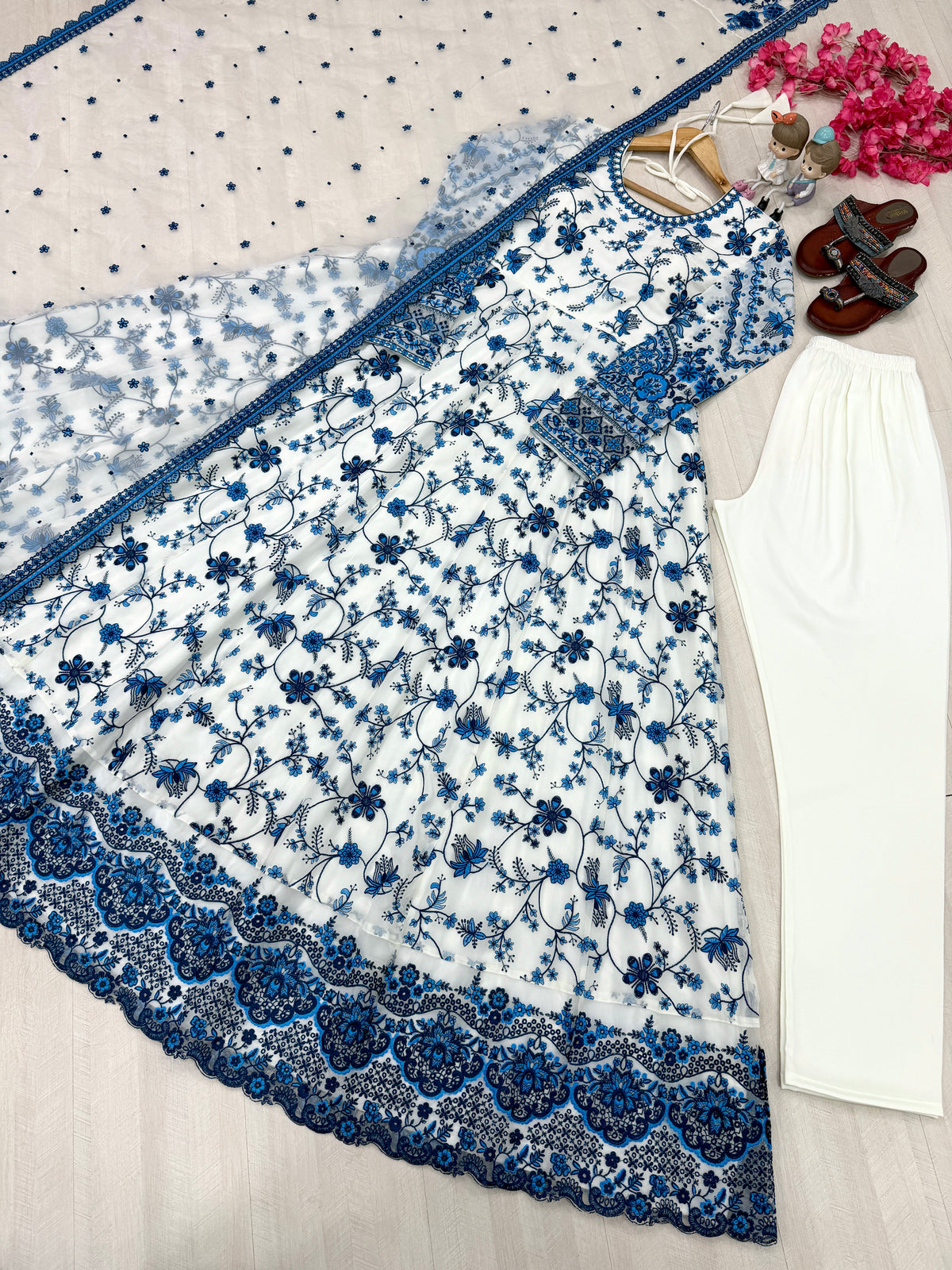 Off-White & Royal Blue Embroidered Georgette Anarkali Gown with Cutwork Dupatta