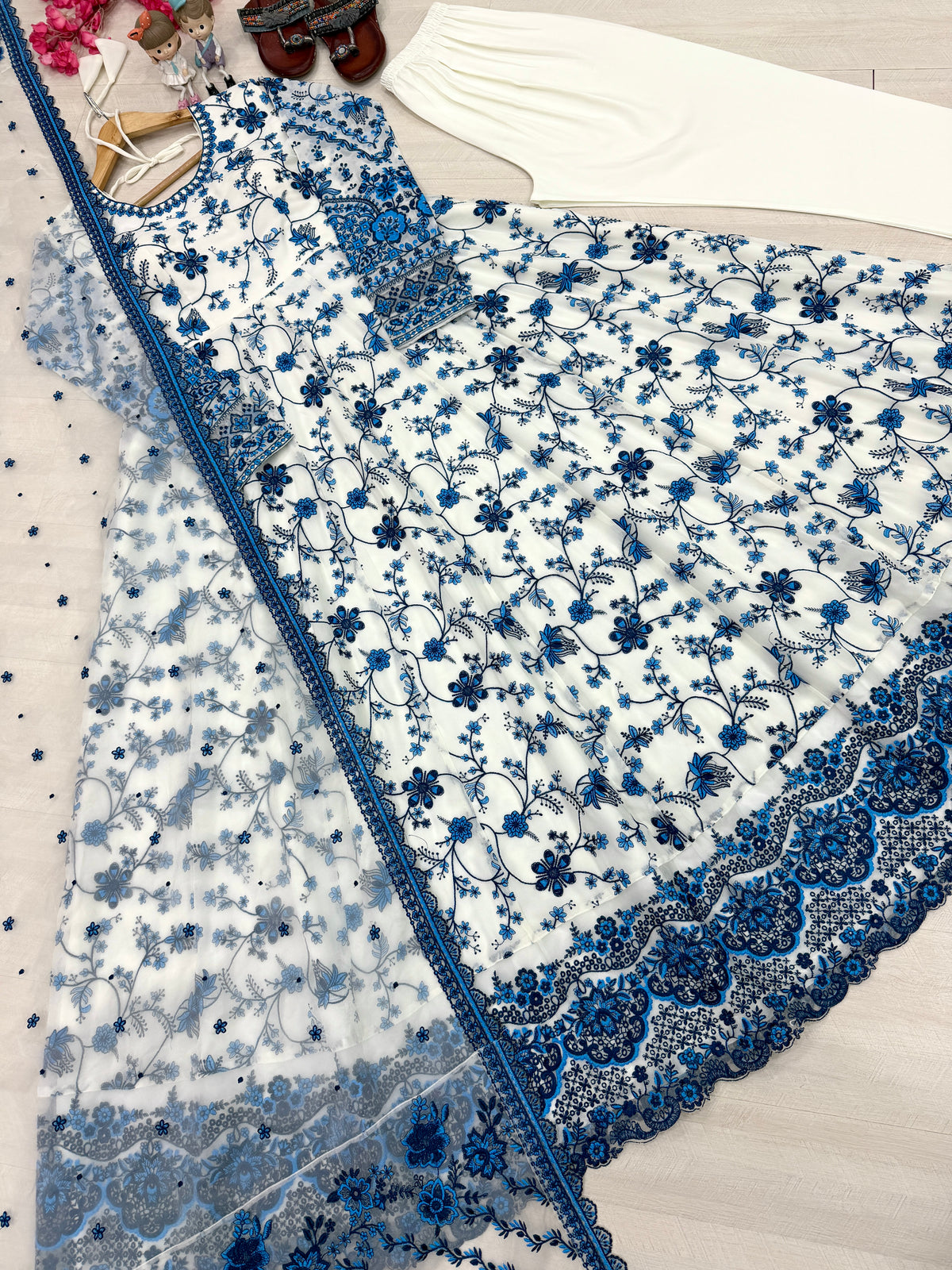Off-White & Royal Blue Embroidered Georgette Anarkali Gown with Cutwork Dupatta