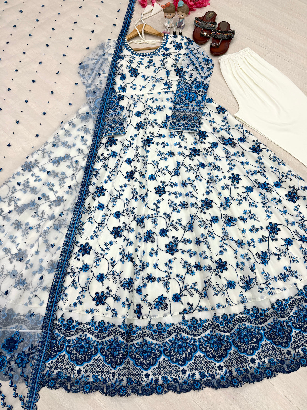 Off-White & Royal Blue Embroidered Georgette Anarkali Gown with Cutwork Dupatta