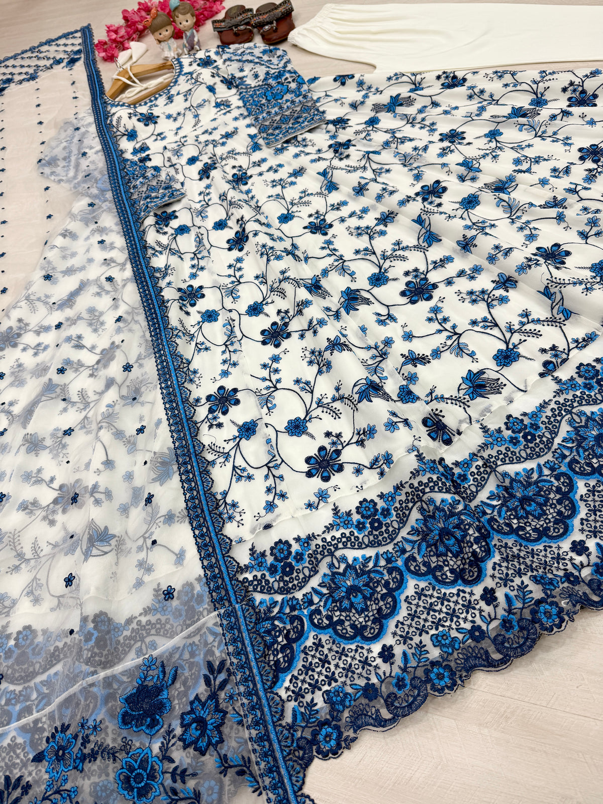 Off-White & Royal Blue Embroidered Georgette Anarkali Gown with Cutwork Dupatta