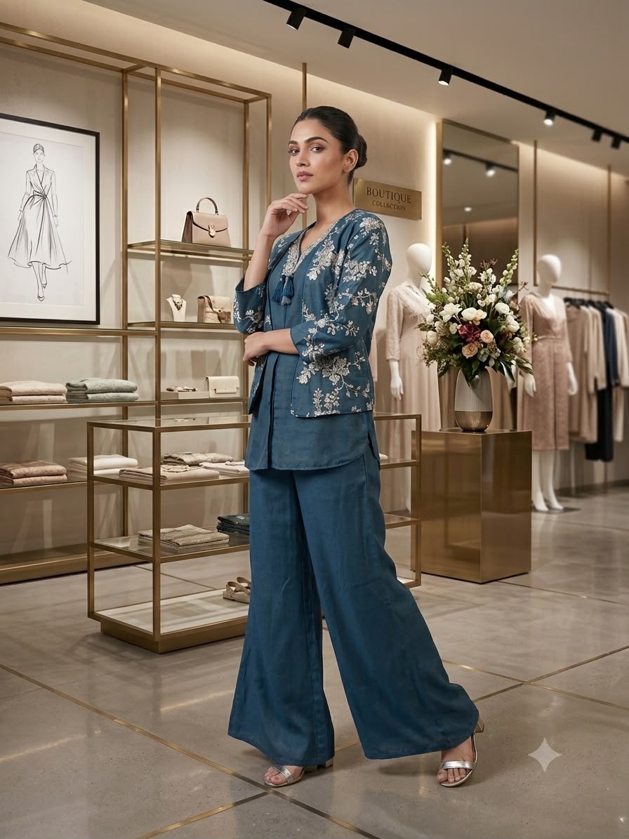 A Deep Blue Floral Embroidered Co-Ord Set