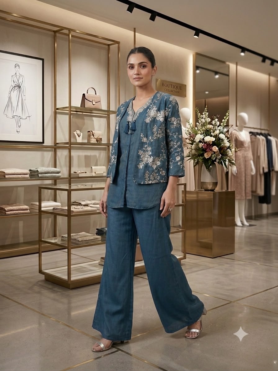 A Deep Blue Floral Embroidered Co-Ord Set