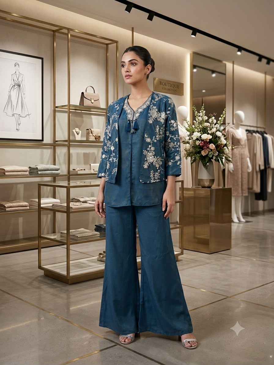 A Deep Blue Floral Embroidered Co-Ord Set