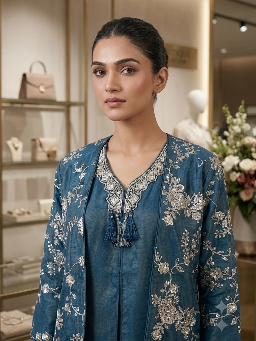A Deep Blue Floral Embroidered Co-Ord Set