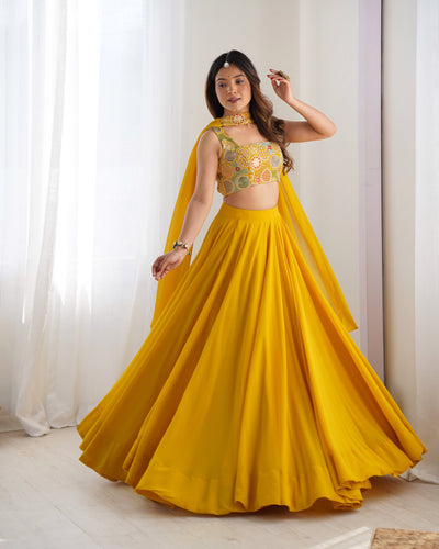 Radiant Yellow Pure Soft Fox Georgette Embroidered Lehenga Choli