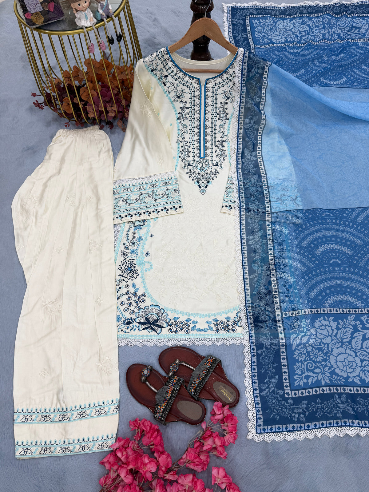 Cream & Indigo Blue Satin Rayon Short Kurta with Farshi Salwar & Dupatta Set