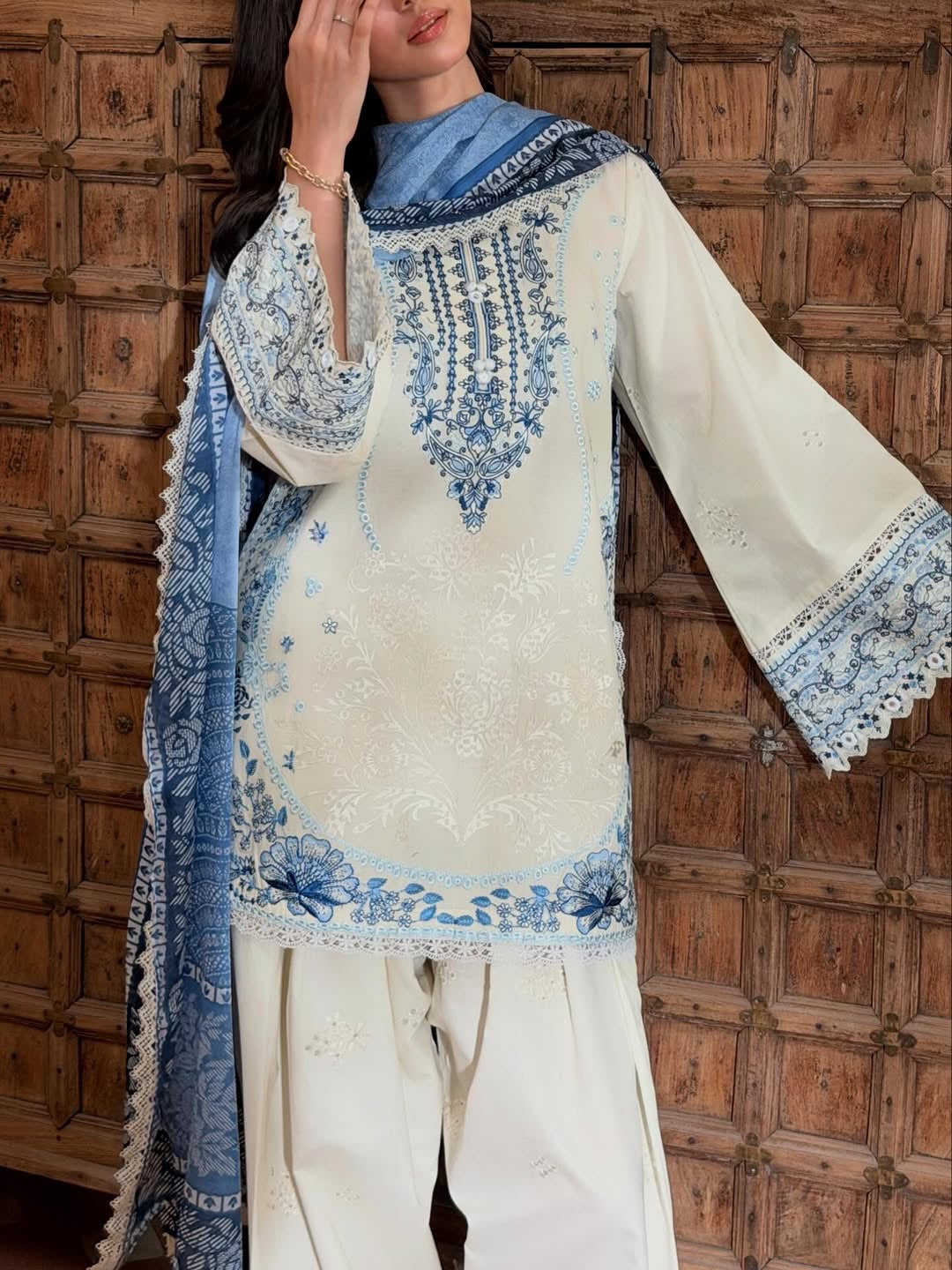 Cream & Indigo Blue Satin Rayon Short Kurta with Farshi Salwar & Dupatta Set