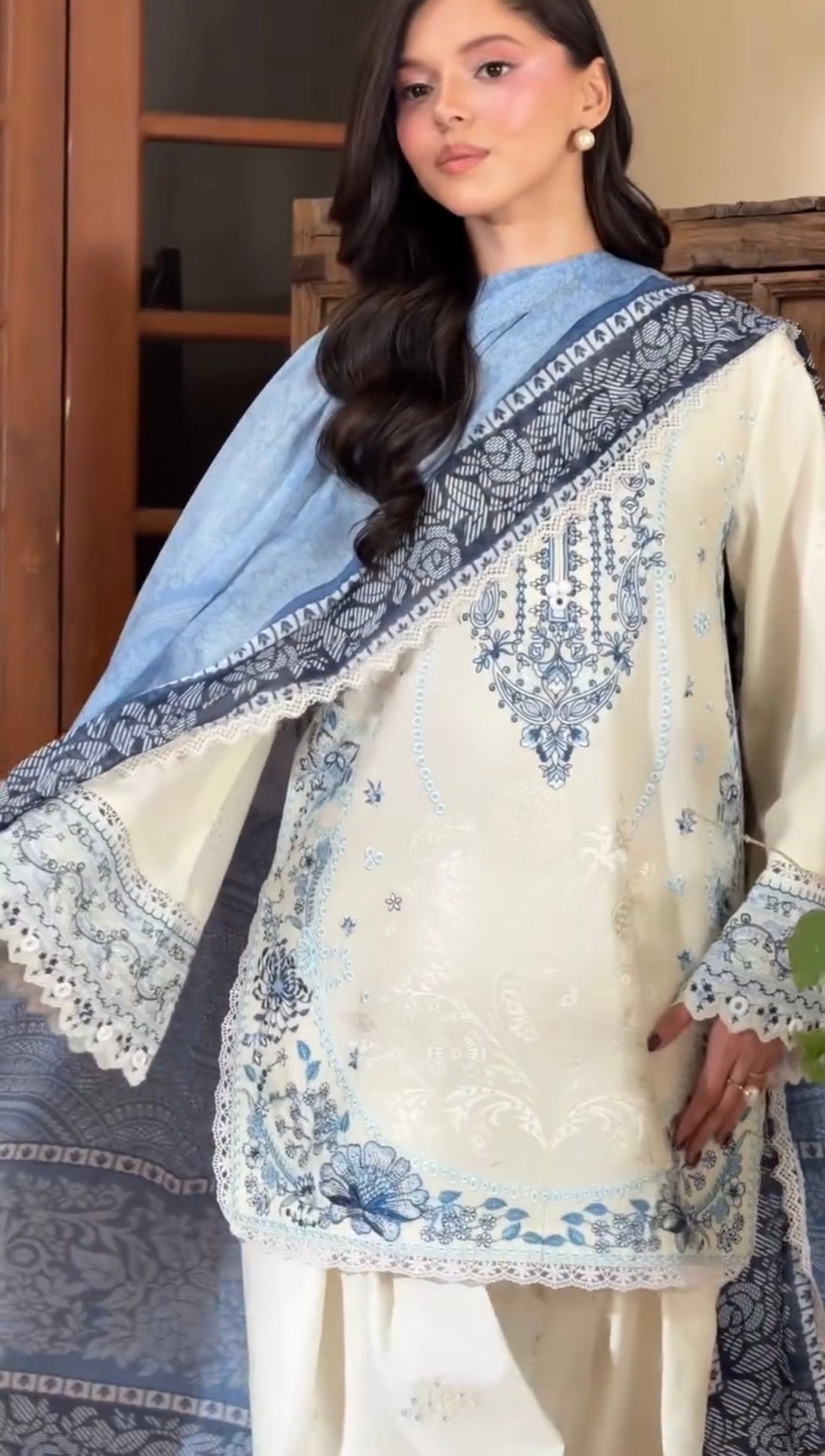 Cream & Indigo Blue Satin Rayon Short Kurta with Farshi Salwar & Dupatta Set