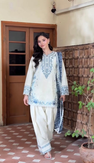 Cream & Indigo Blue Satin Rayon Short Kurta with Farshi Salwar & Dupatta Set
