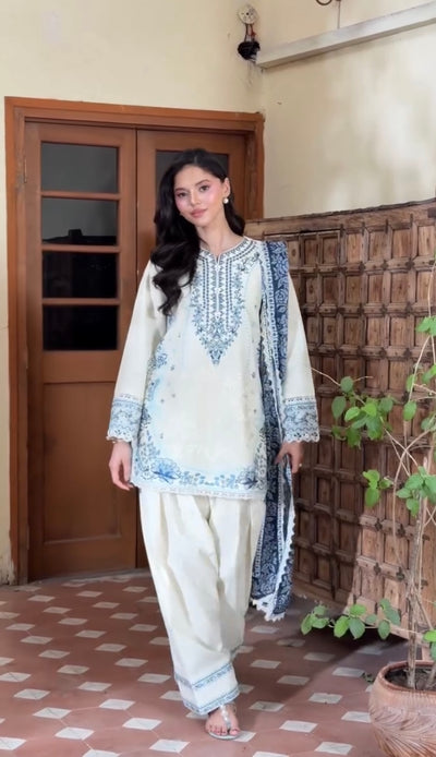 Cream & Indigo Blue Satin Rayon Short Kurta with Farshi Salwar & Dupatta Set