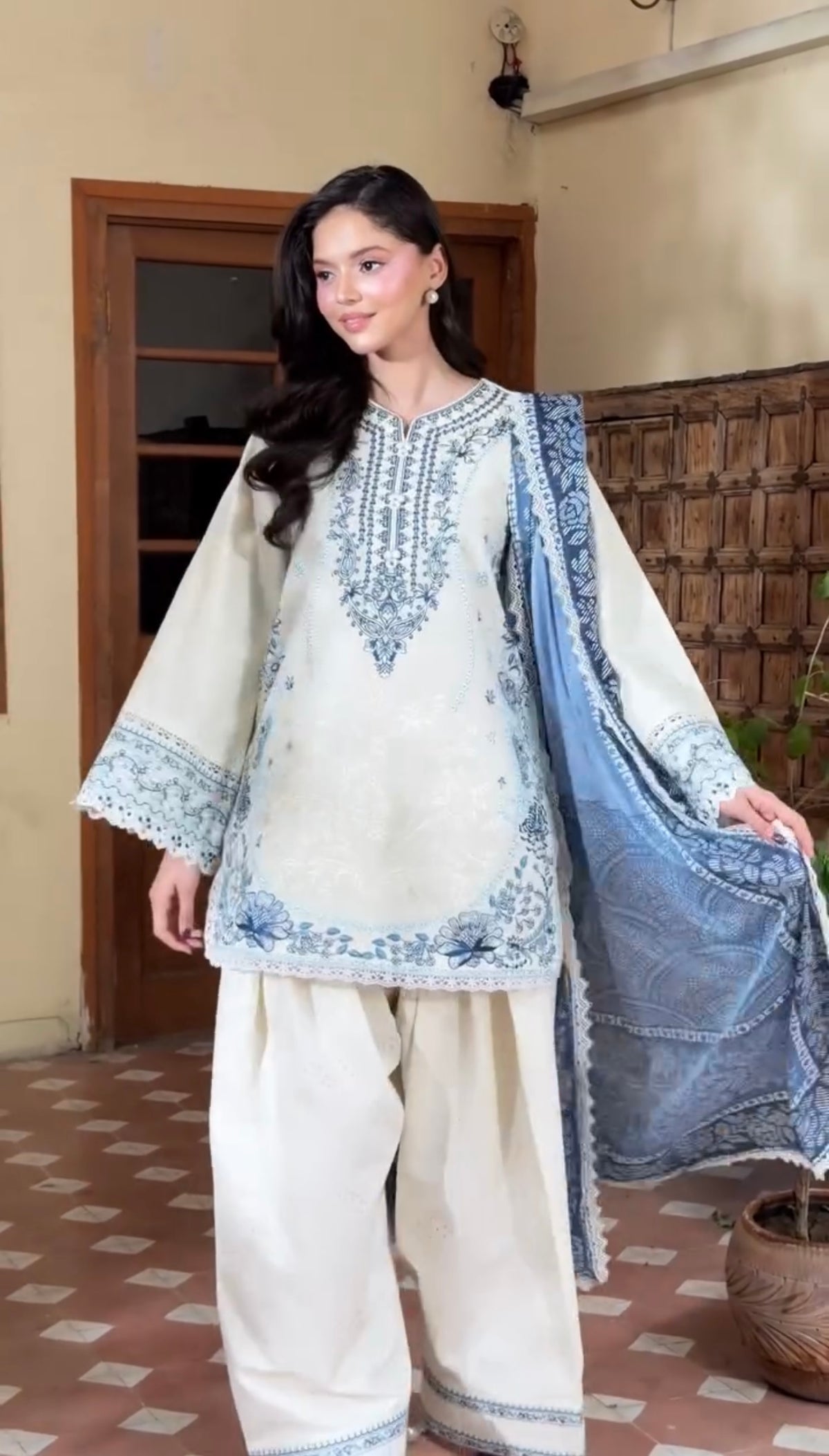 Cream & Indigo Blue Satin Rayon Short Kurta with Farshi Salwar & Dupatta Set