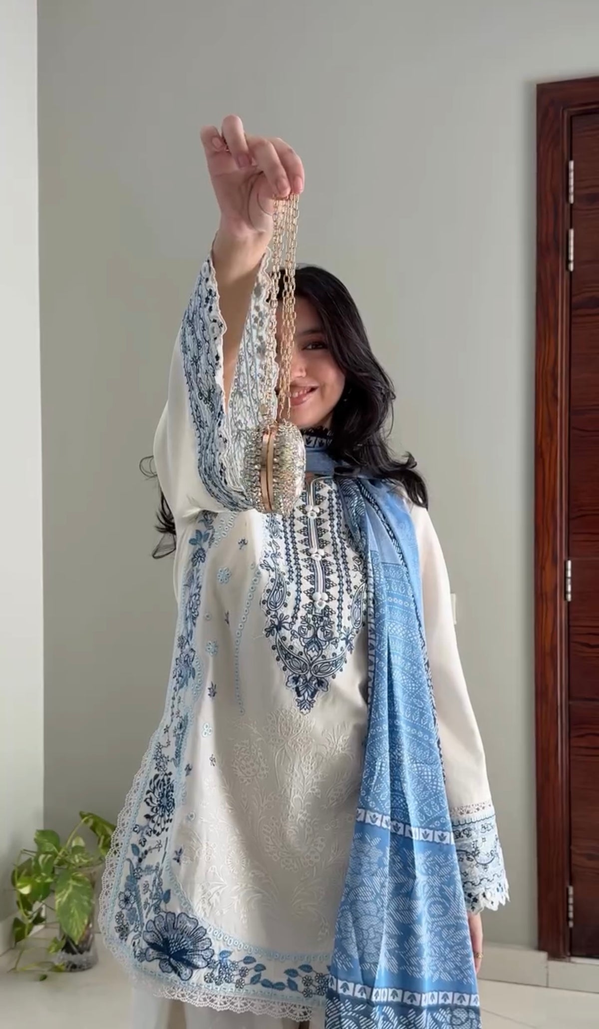Cream & Indigo Blue Satin Rayon Short Kurta with Farshi Salwar & Dupatta Set