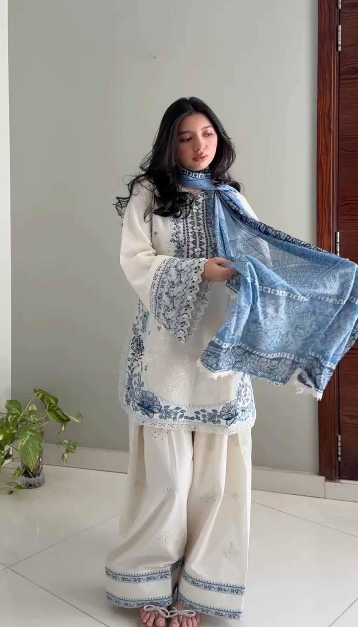 Cream & Indigo Blue Satin Rayon Short Kurta with Farshi Salwar & Dupatta Set