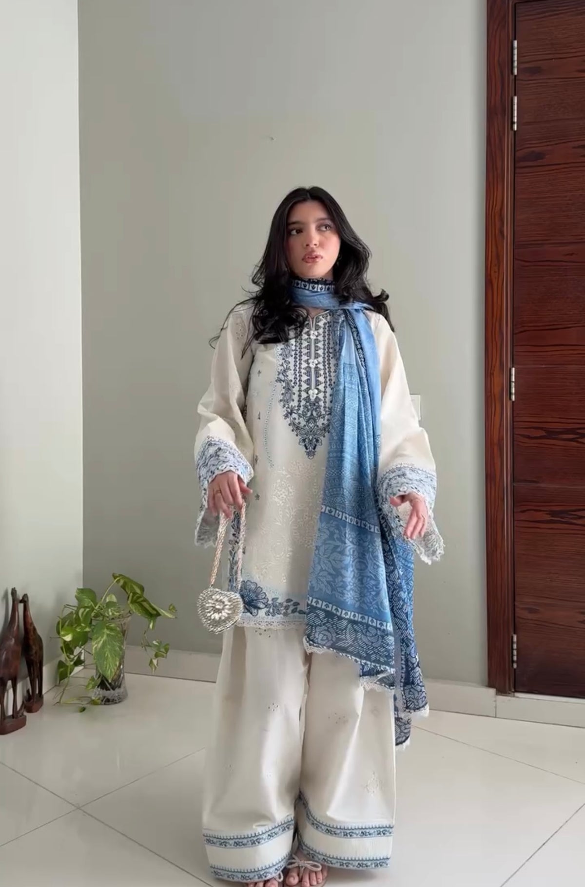 Cream & Indigo Blue Satin Rayon Short Kurta with Farshi Salwar & Dupatta Set