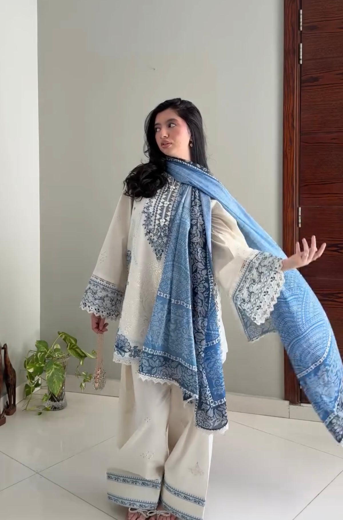Cream & Indigo Blue Satin Rayon Short Kurta with Farshi Salwar & Dupatta Set