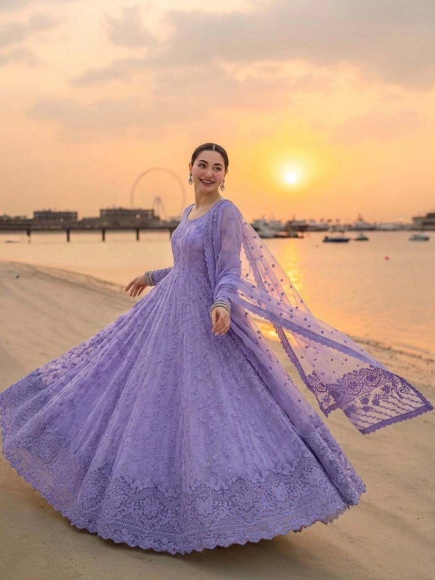 Soft Lavender Embroidered Georgette Anarkali Gown with Cutwork Dupatta