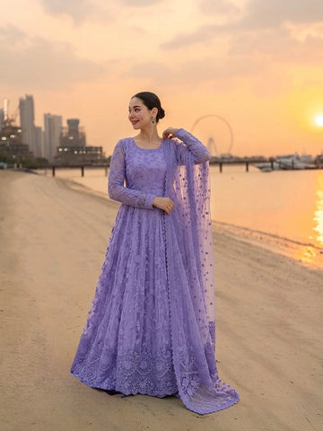 Soft Lavender Embroidered Georgette Anarkali Gown with Cutwork Dupatta
