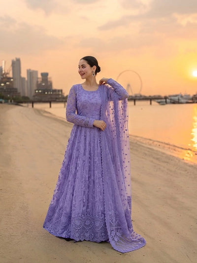 Soft Lavender Embroidered Georgette Anarkali Gown with Cutwork Dupatta