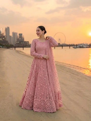 Blush Pink Embroidered Georgette Anarkali Gown with Cutwork Dupatta