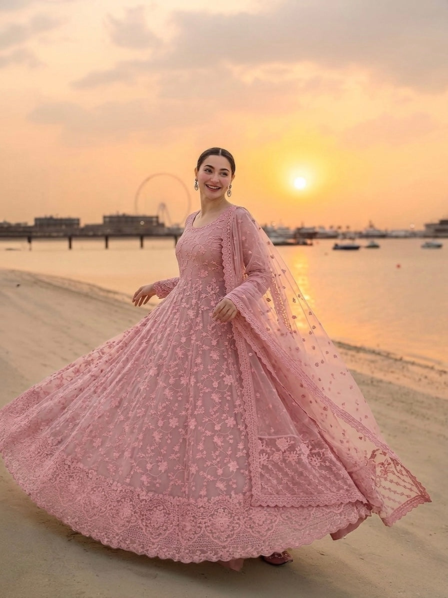 Blush Pink Embroidered Georgette Anarkali Gown with Cutwork Dupatta
