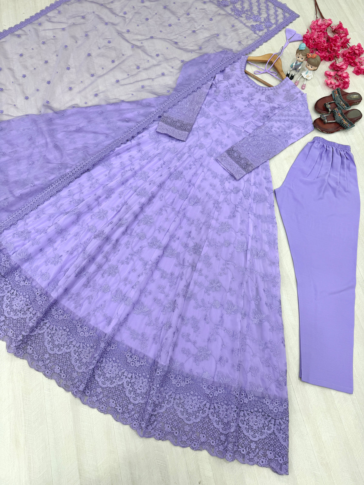 Soft Lavender Embroidered Georgette Anarkali Gown with Cutwork Dupatta