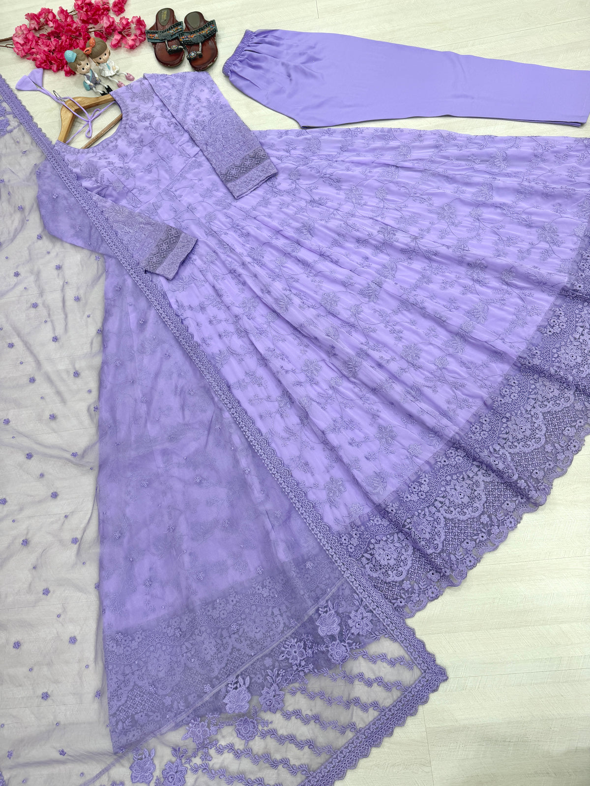 Soft Lavender Embroidered Georgette Anarkali Gown with Cutwork Dupatta
