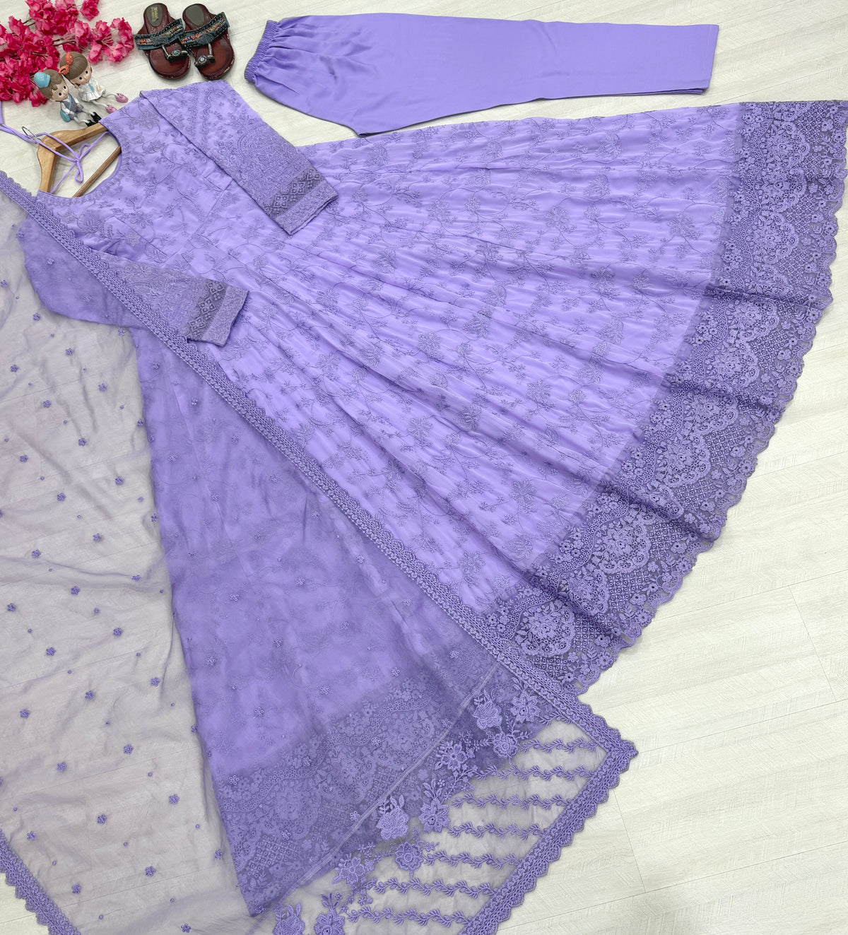 Soft Lavender Embroidered Georgette Anarkali Gown with Cutwork Dupatta