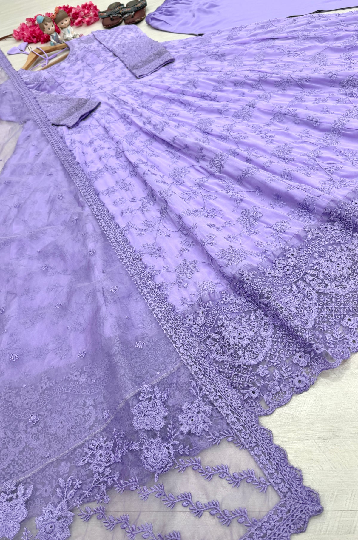 Soft Lavender Embroidered Georgette Anarkali Gown with Cutwork Dupatta