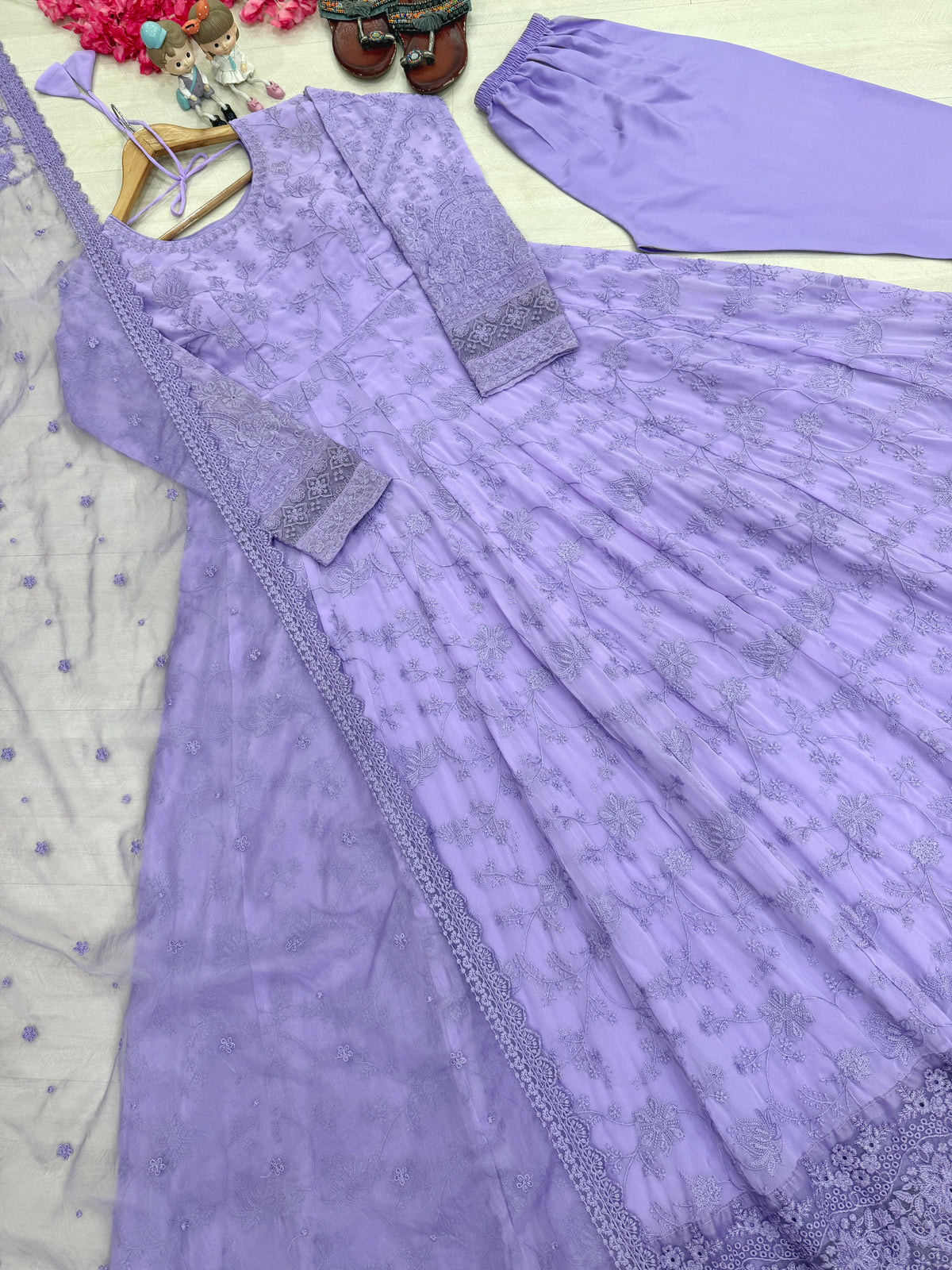 Soft Lavender Embroidered Georgette Anarkali Gown with Cutwork Dupatta