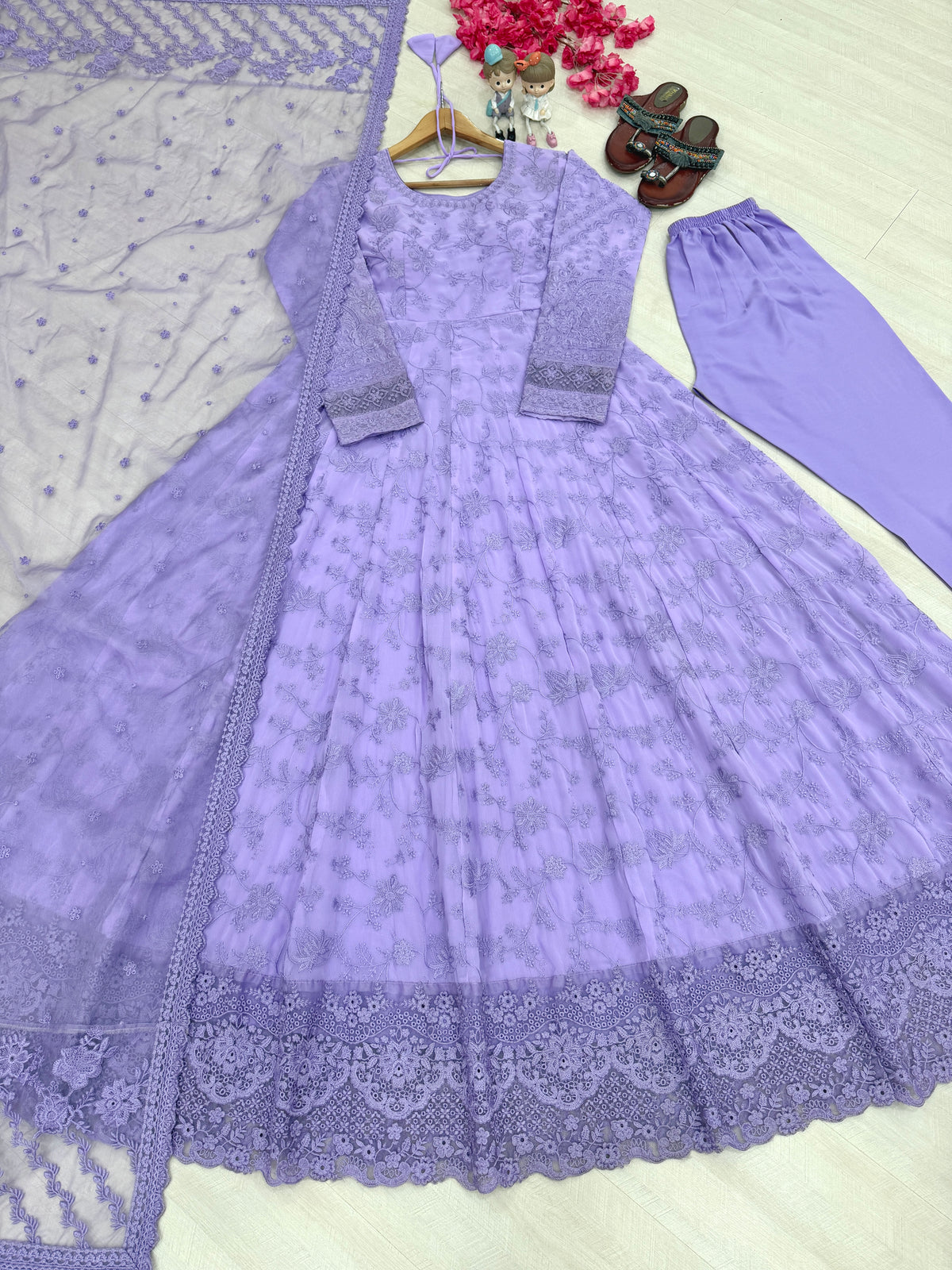 Soft Lavender Embroidered Georgette Anarkali Gown with Cutwork Dupatta
