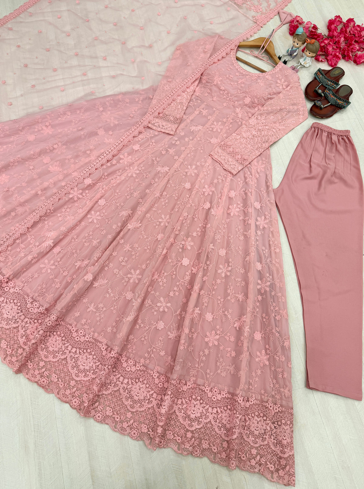 Blush Pink Embroidered Georgette Anarkali Gown with Cutwork Dupatta