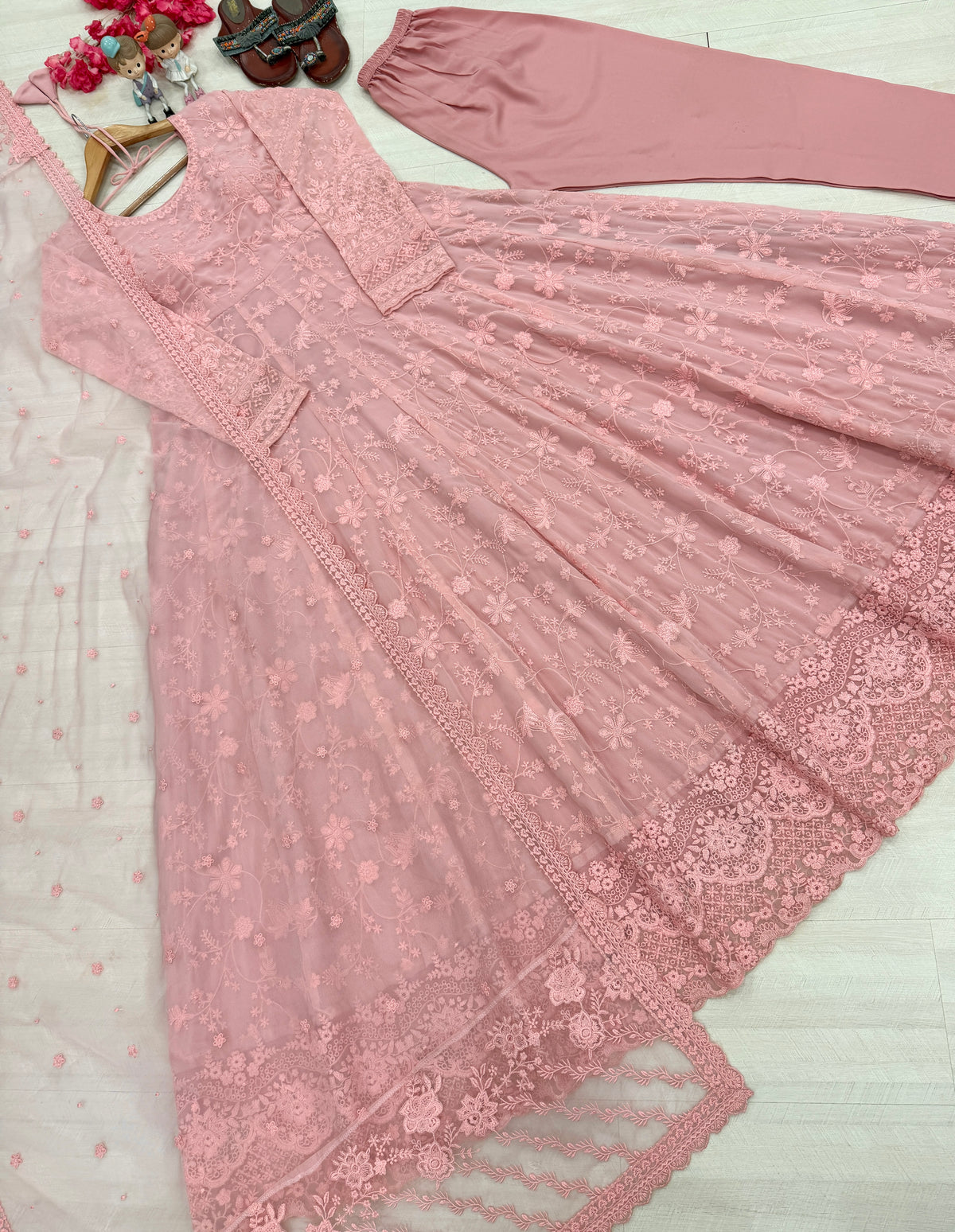 Blush Pink Embroidered Georgette Anarkali Gown with Cutwork Dupatta