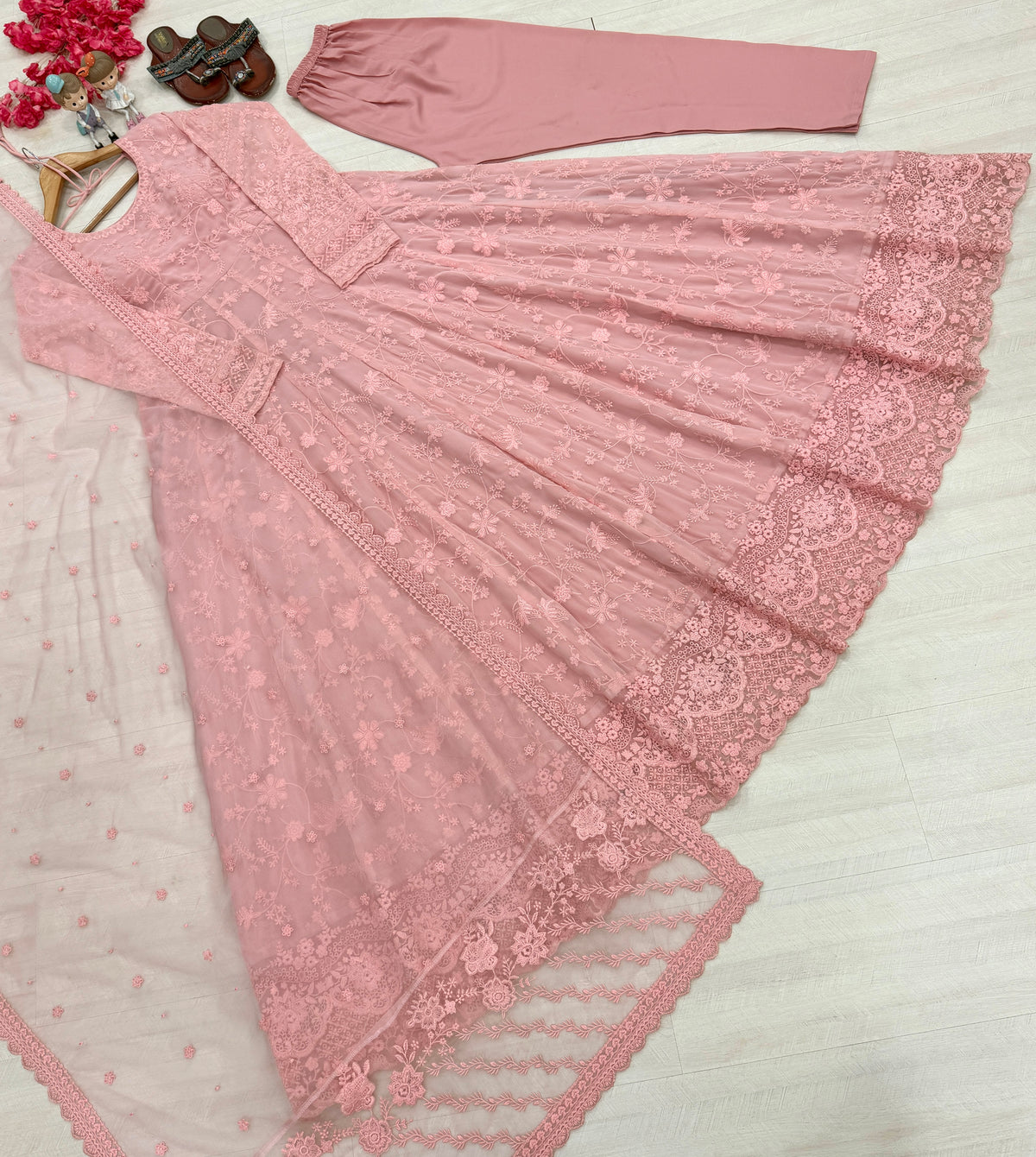 Blush Pink Embroidered Georgette Anarkali Gown with Cutwork Dupatta