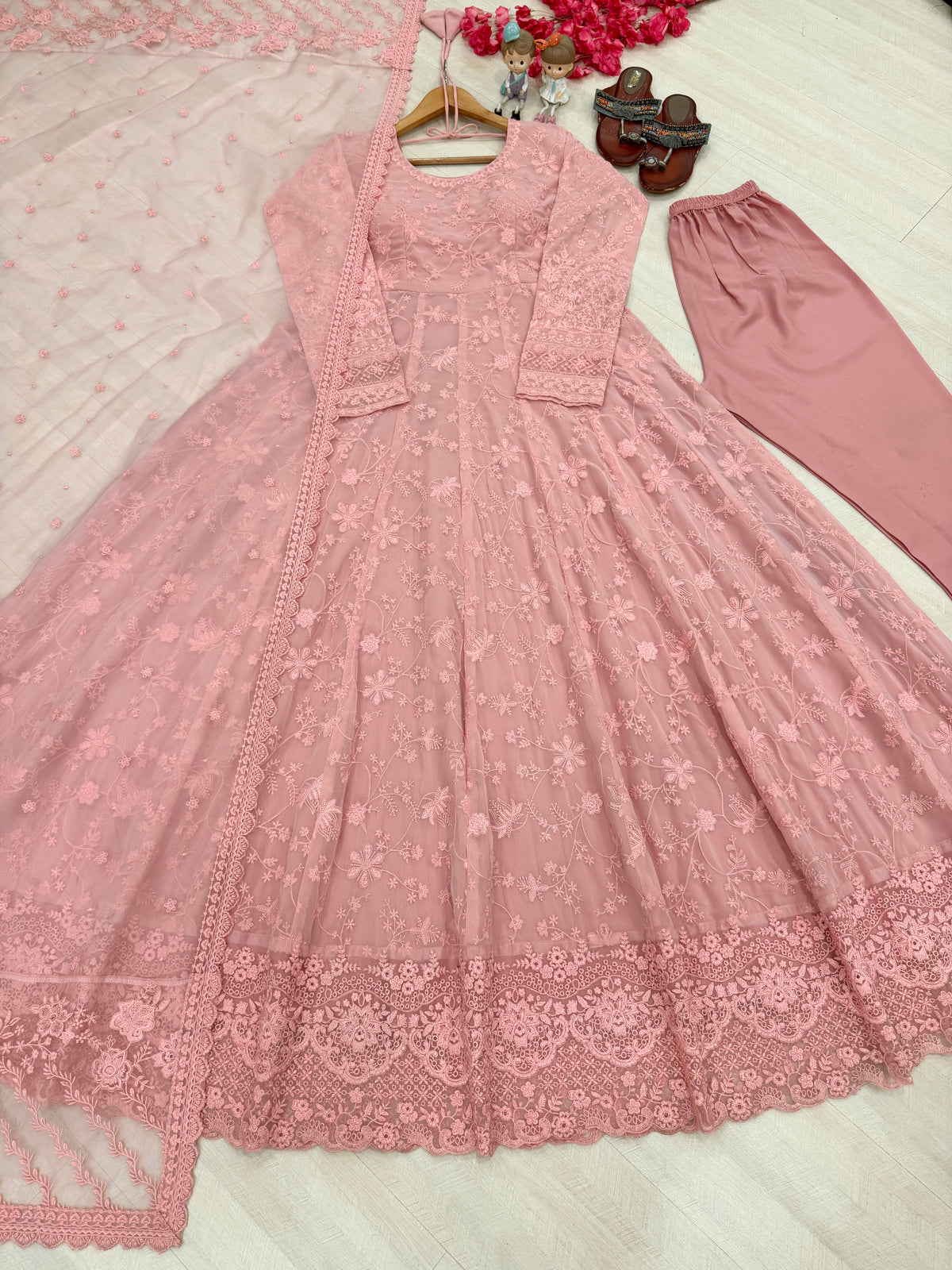 Blush Pink Embroidered Georgette Anarkali Gown with Cutwork Dupatta
