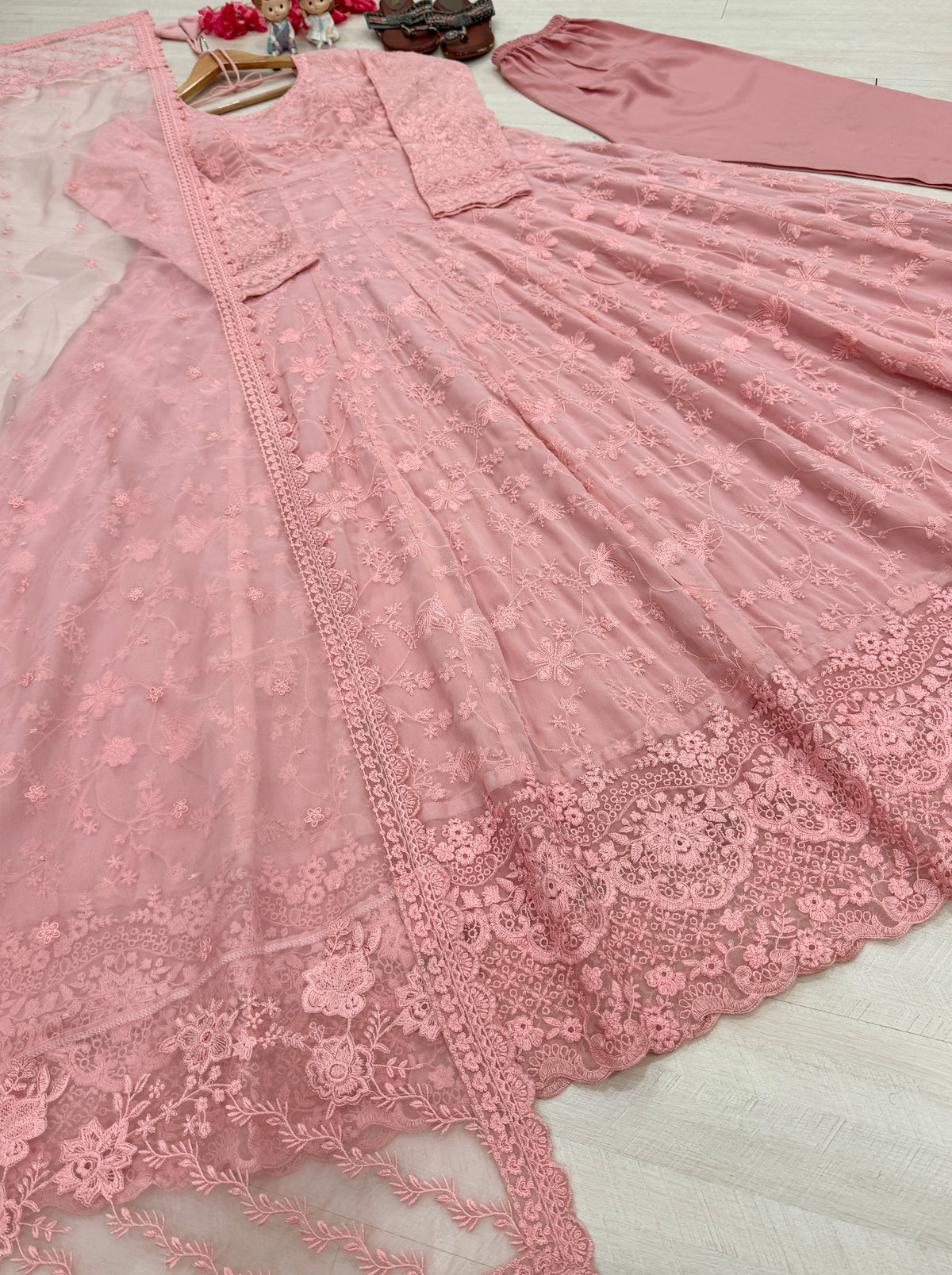 Blush Pink Embroidered Georgette Anarkali Gown with Cutwork Dupatta