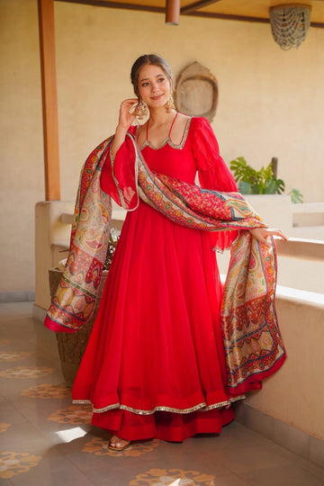 Classic Red Georgette Anarkali Suit With a Digital Printed Dupatta