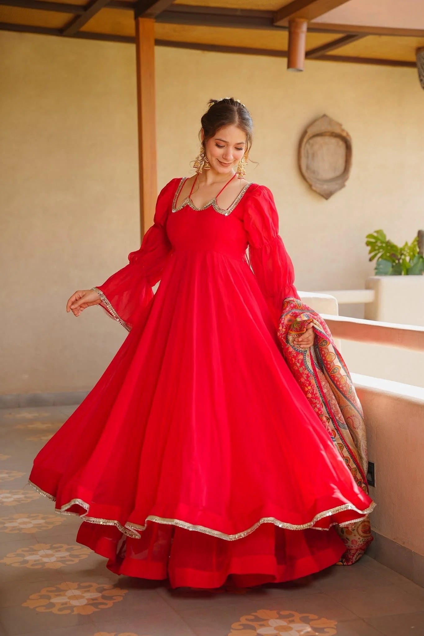 Classic Red Georgette Anarkali Suit With a Digital Printed Dupatta