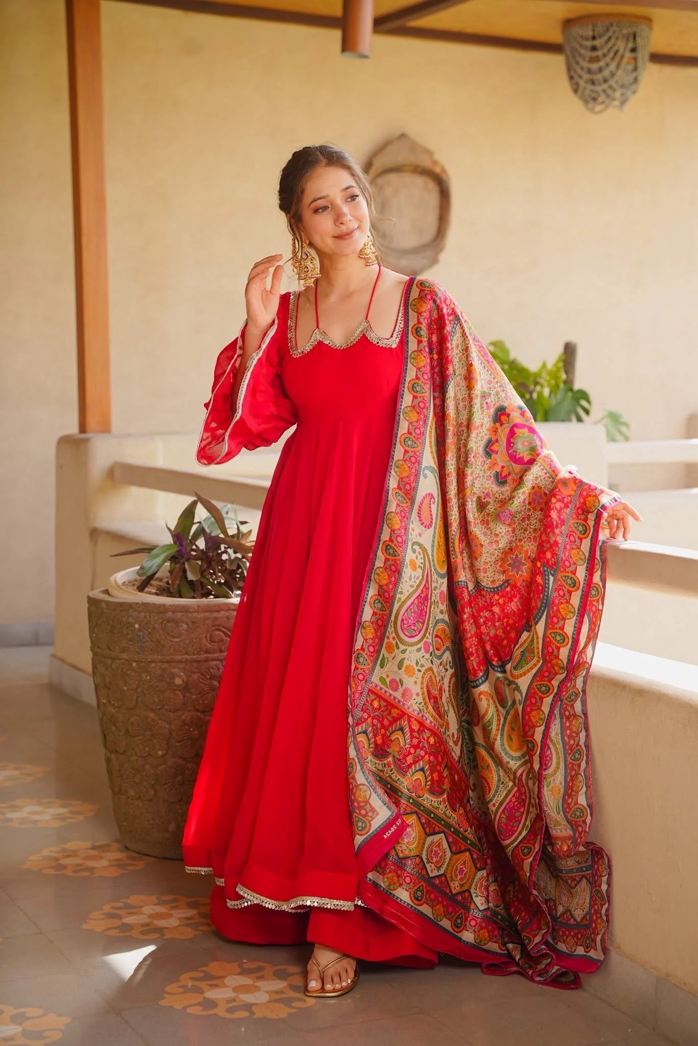 Classic Red Georgette Anarkali Suit With a Digital Printed Dupatta