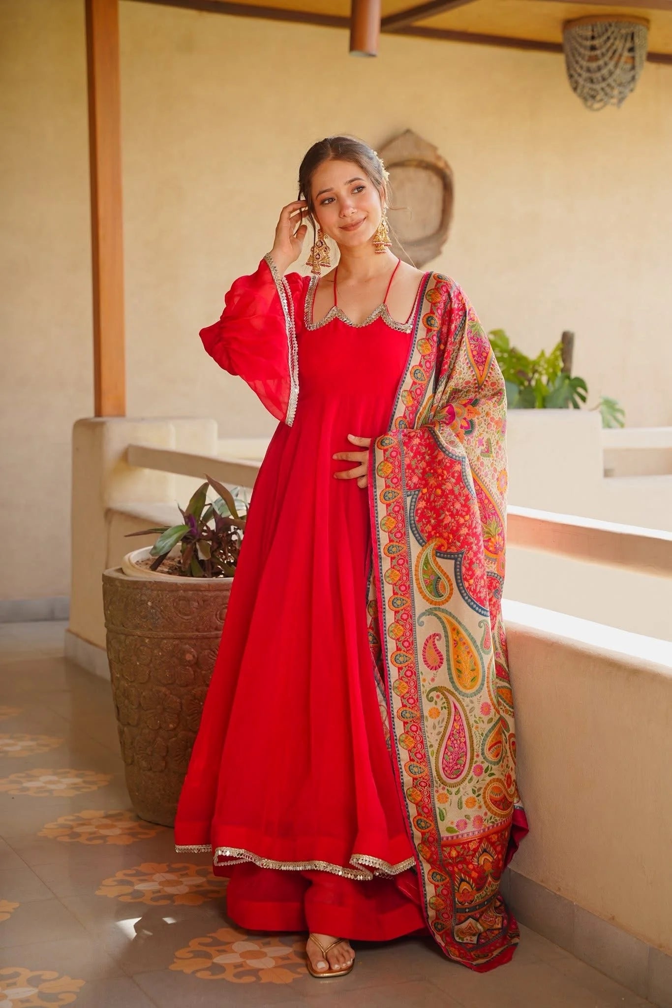 Classic Red Georgette Anarkali Suit With a Digital Printed Dupatta