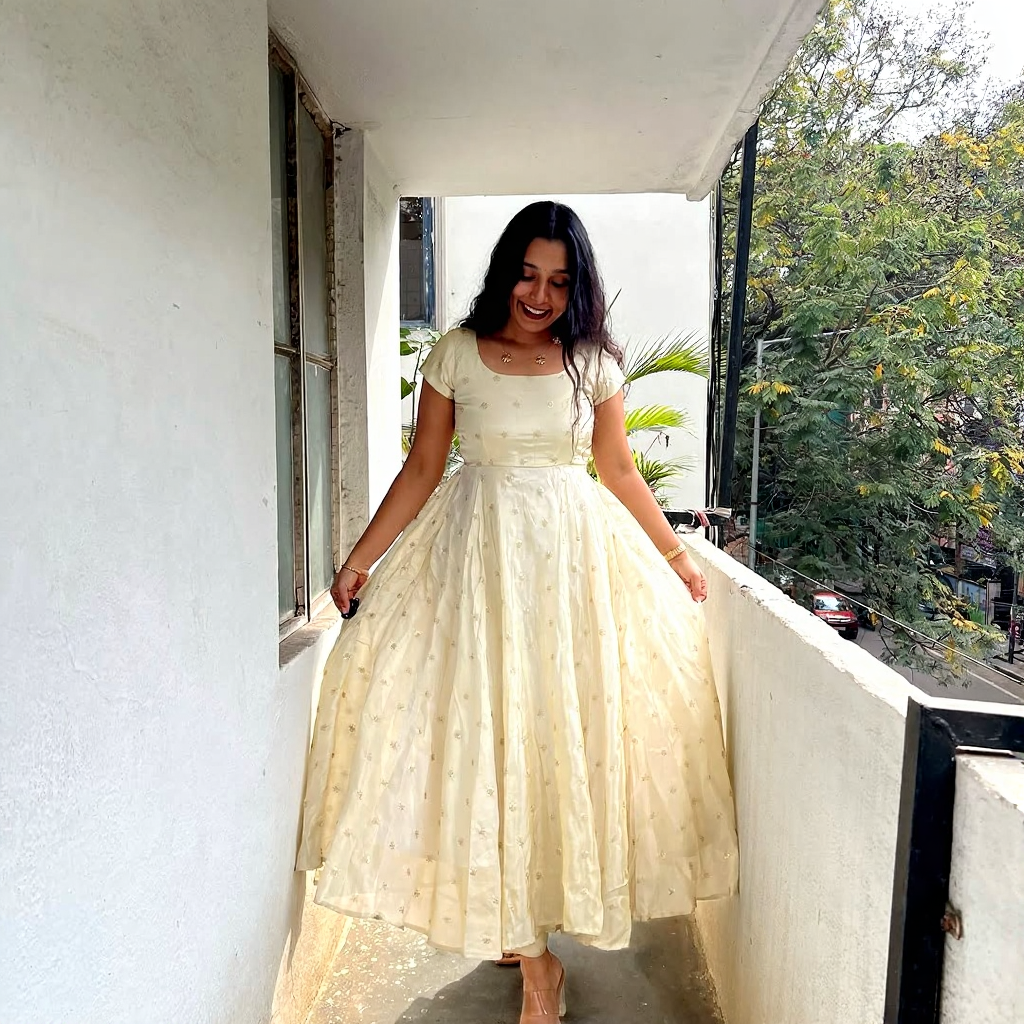 Cream Anarkali Dress with Lavender Dupatta – Elegant Women’s Ethnic Wear