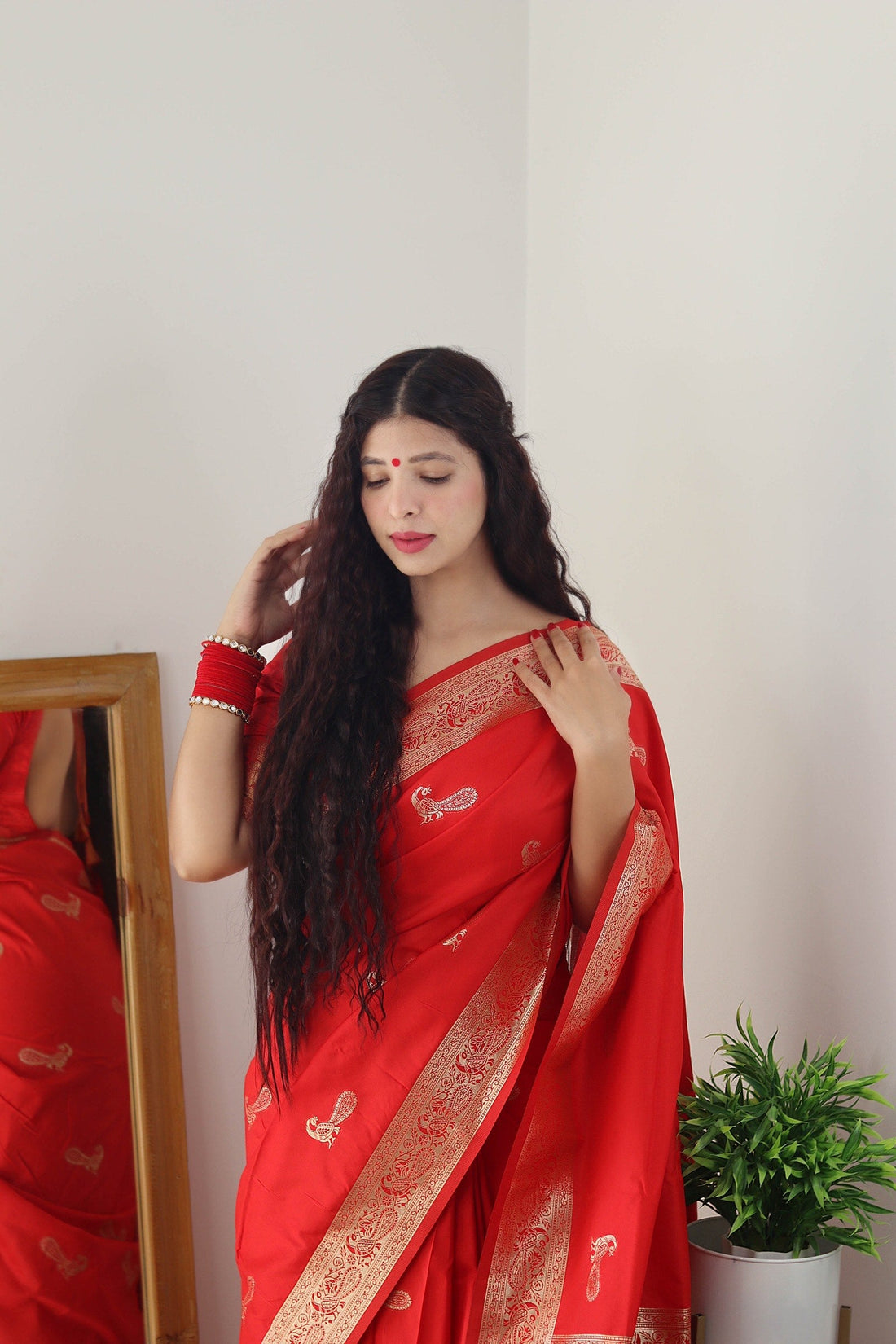 Red Color Zari Golden Weaving Rich Saree