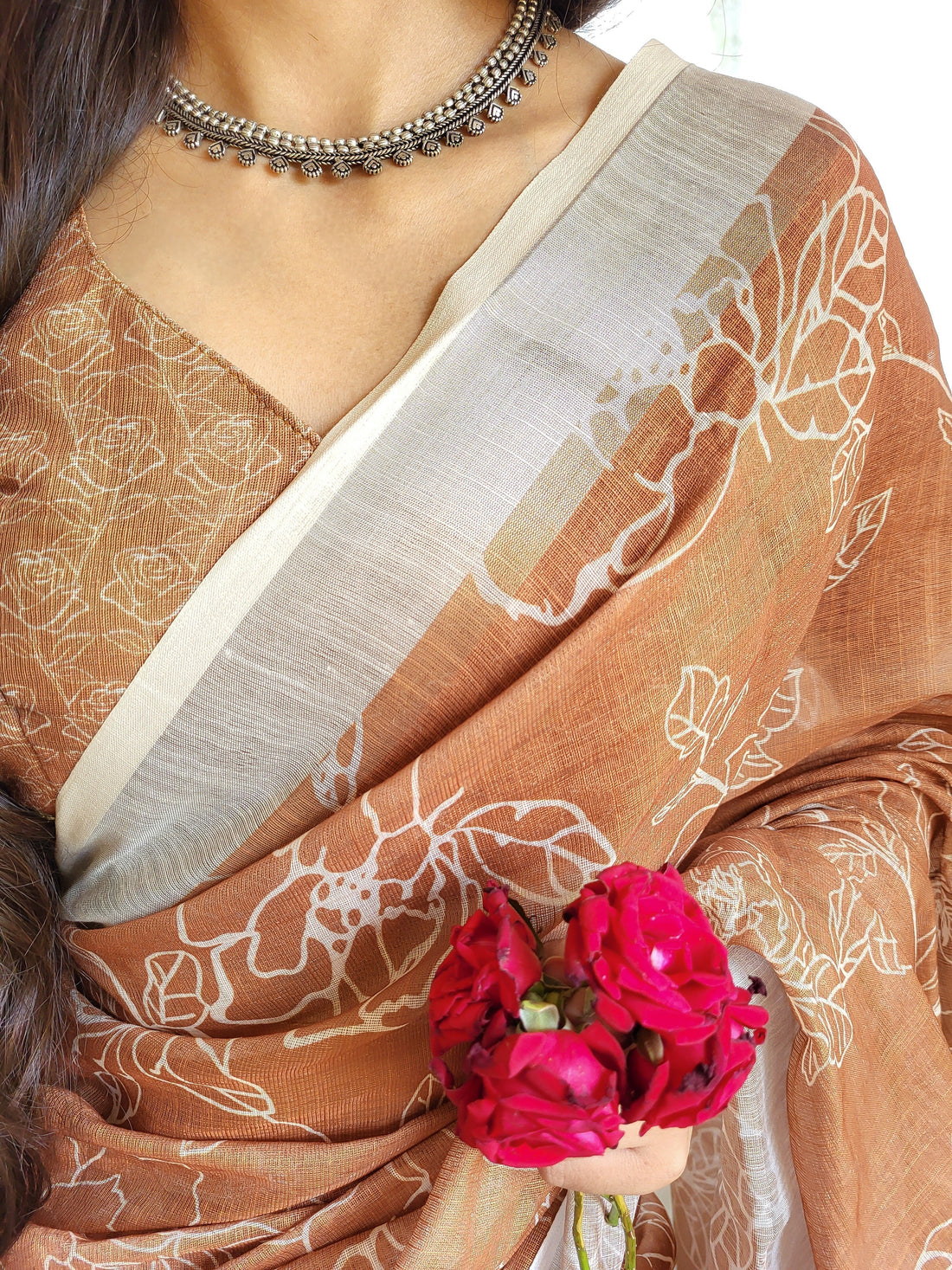 Rust Brown Pure Linen Saree with White Floral Motifs