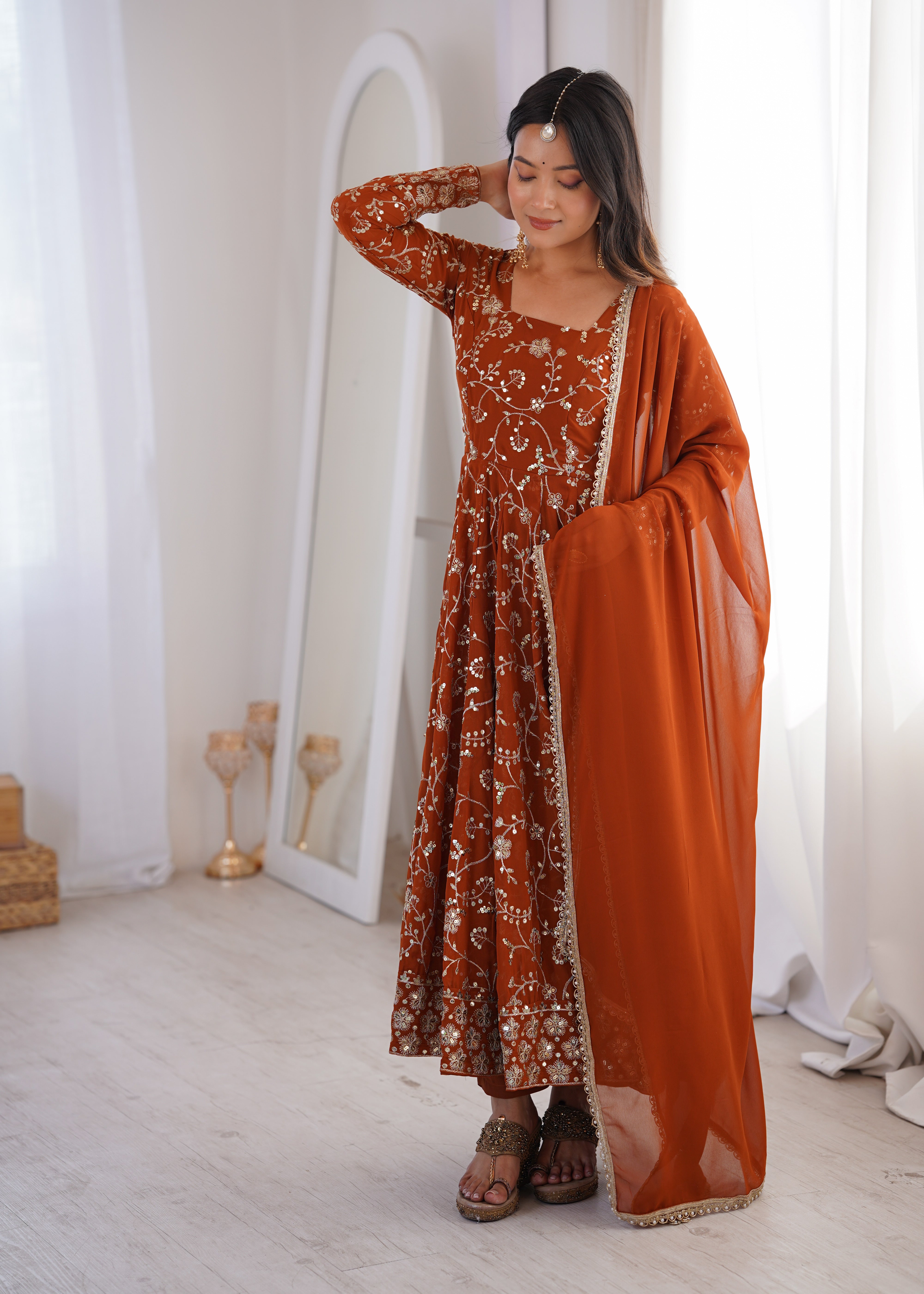 Rust Orange Anarkali Kurta Set With Intricate Sequined Floral Embroidery