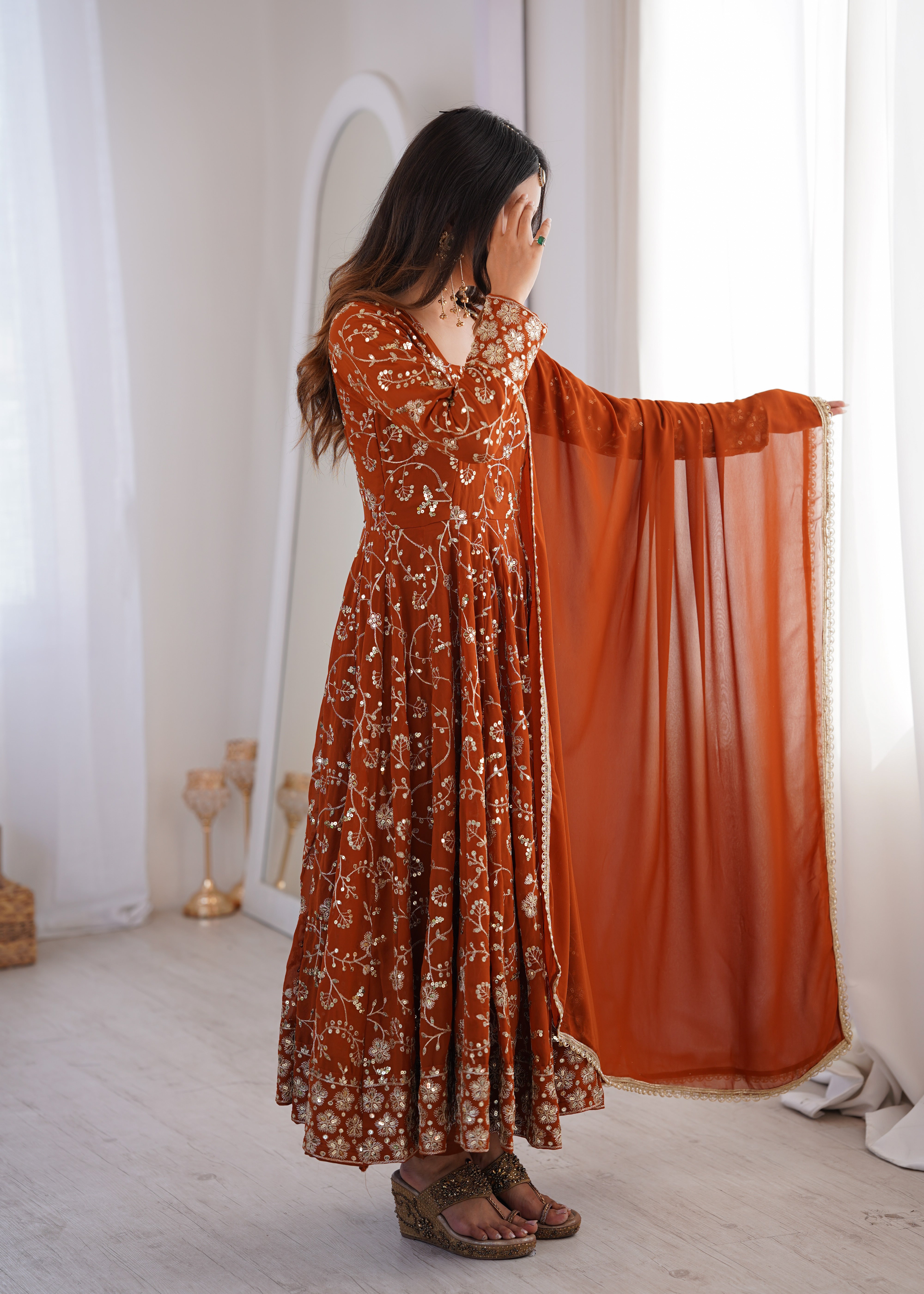 Rust Orange Anarkali Kurta Set With Intricate Sequined Floral Embroidery