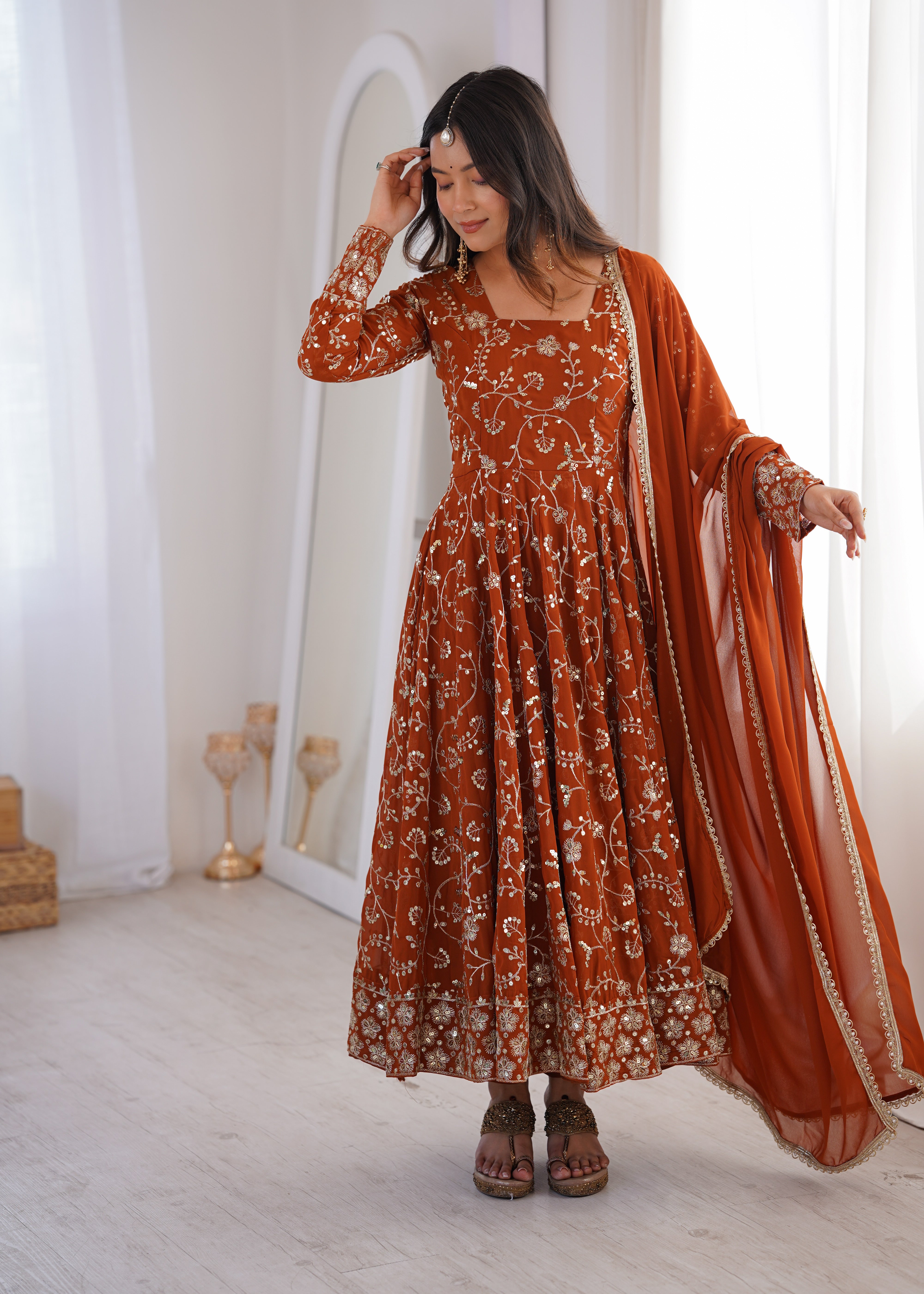 Rust Orange Anarkali Kurta Set With Intricate Sequined Floral Embroidery