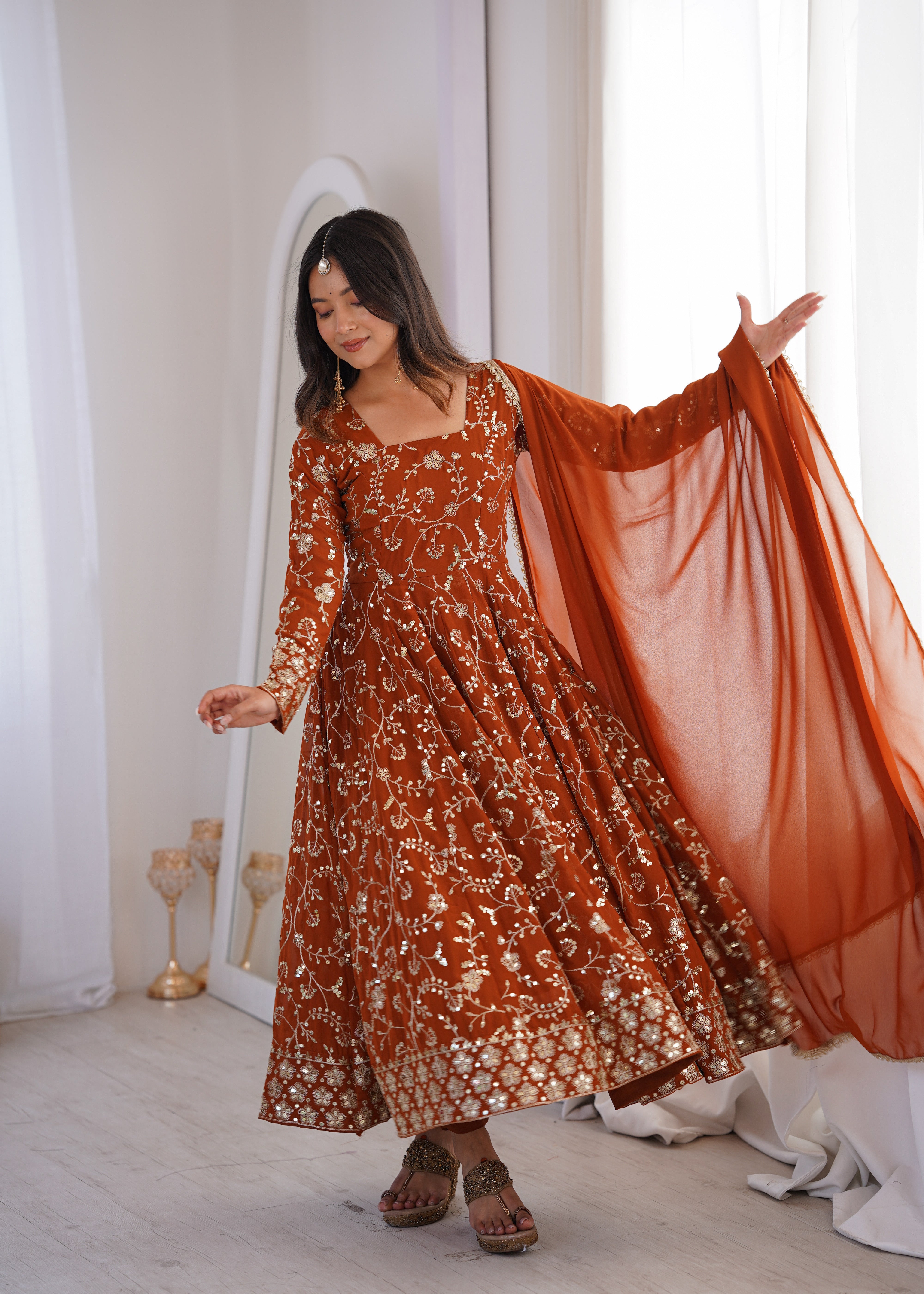 Rust Orange Anarkali Kurta Set With Intricate Sequined Floral Embroidery