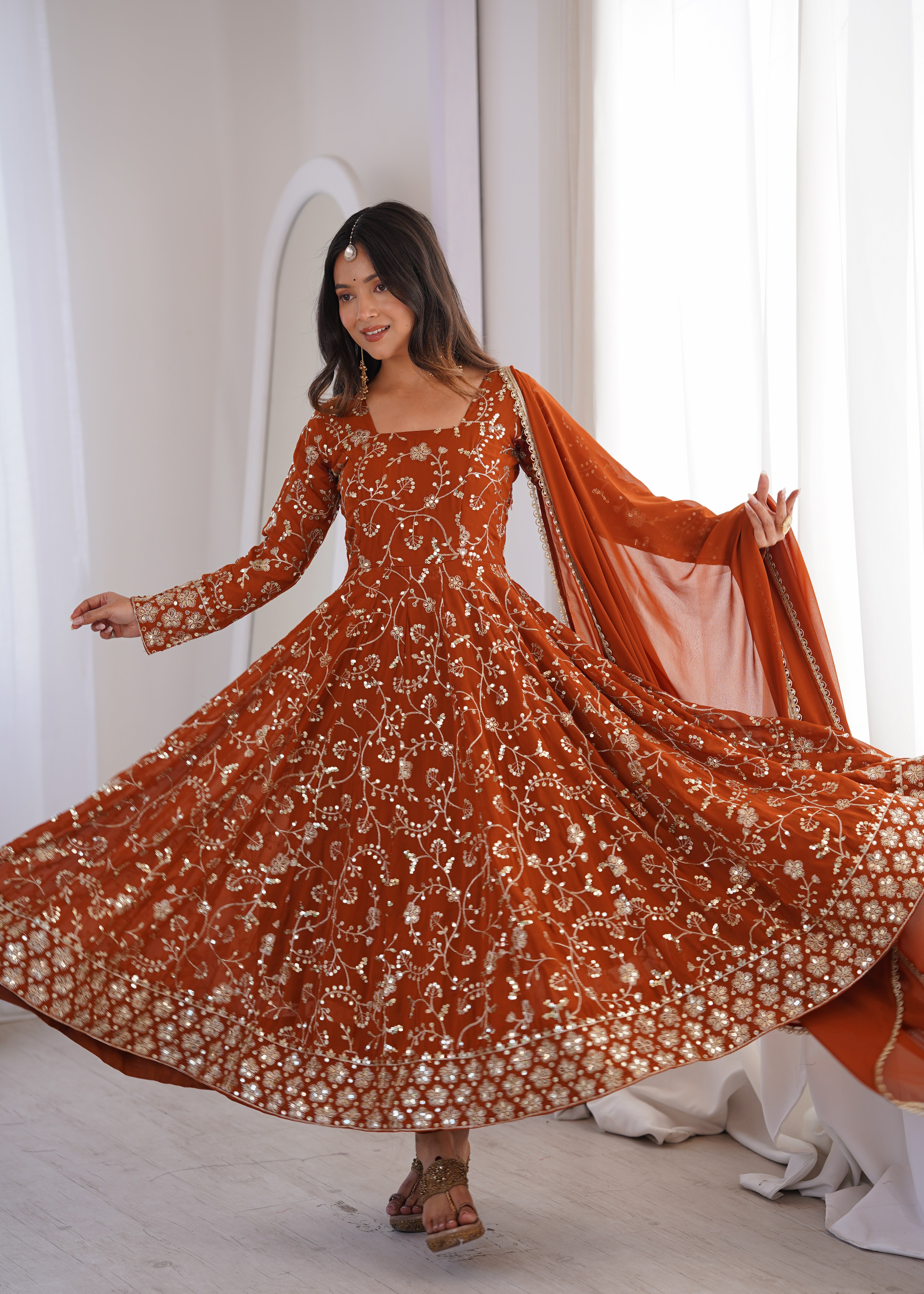 Rust Orange Anarkali Kurta Set With Intricate Sequined Floral Embroidery